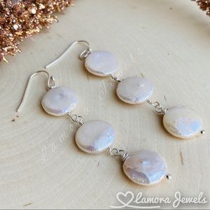 Barque Coin Pearl Sterling Silver Long Earrings